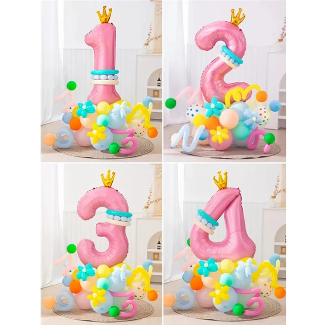 Globos de 40 pulgadas de color morado y rosa del número 4 con corona para  decoraciones de cumpleaños de 4 años. (4)