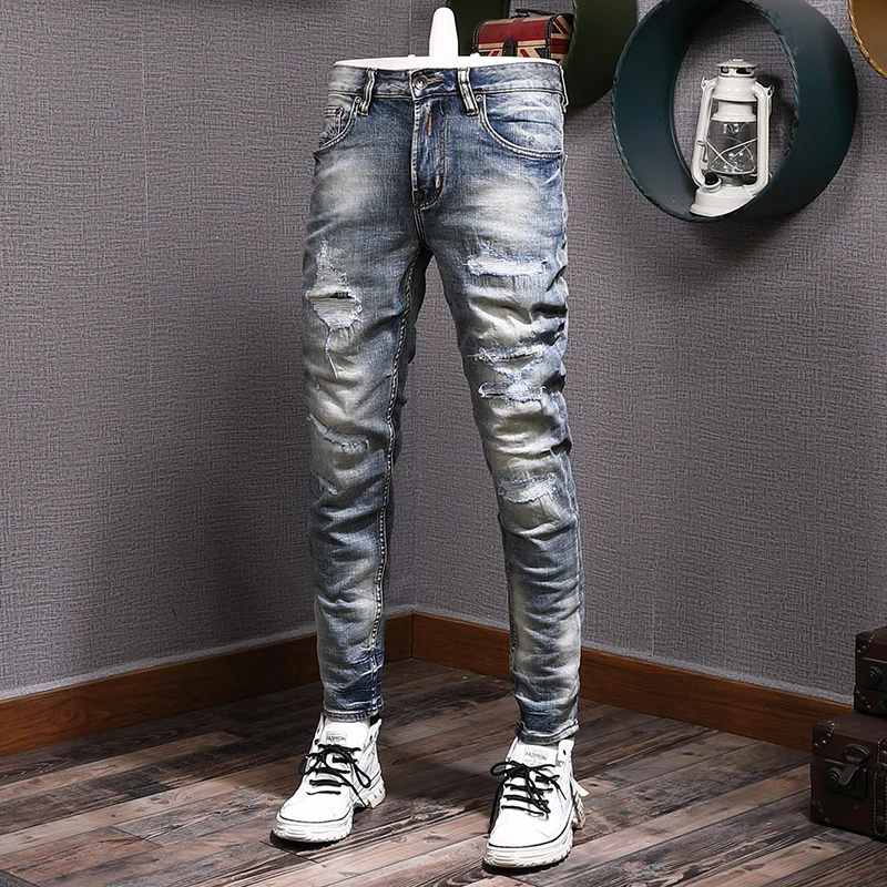 

Newly Fashion Designer Men Jeans Retro Blue Elastic Slim Fit Destroyed Hole Ripped Jeans Men Patched Vintage Denim Pants Hombre