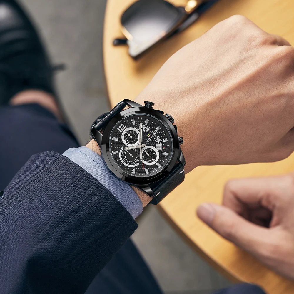 Sport Relogio Masculino Quartz Male Watch Chronograph Wristwatch Weekday Date Gold Big Dial Leather Band Luxury Multifunction