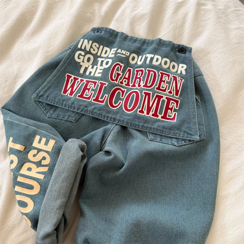 한국 스타일 레터 프린트 아동 청바지 남아 여아 2026 신상 봄 가을 루즈핏 와이드 레그 팬츠 캐주얼 키즈 바지 B0022