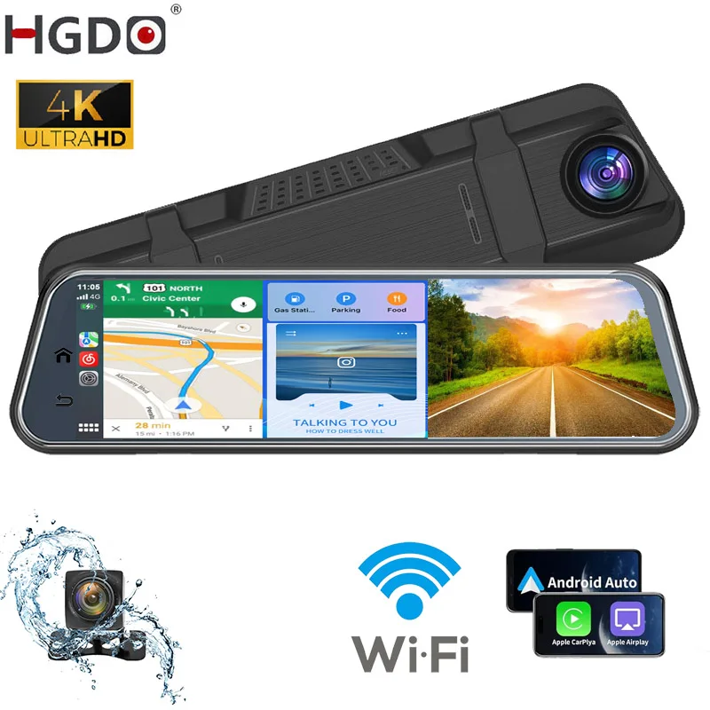 HGDO T122 10" 4K Mirror Dash Cam with Car Stereo Carplay 1080P Backup Camera Car Audio Receivers with Bluetooth Android Auto AUX car dash cam