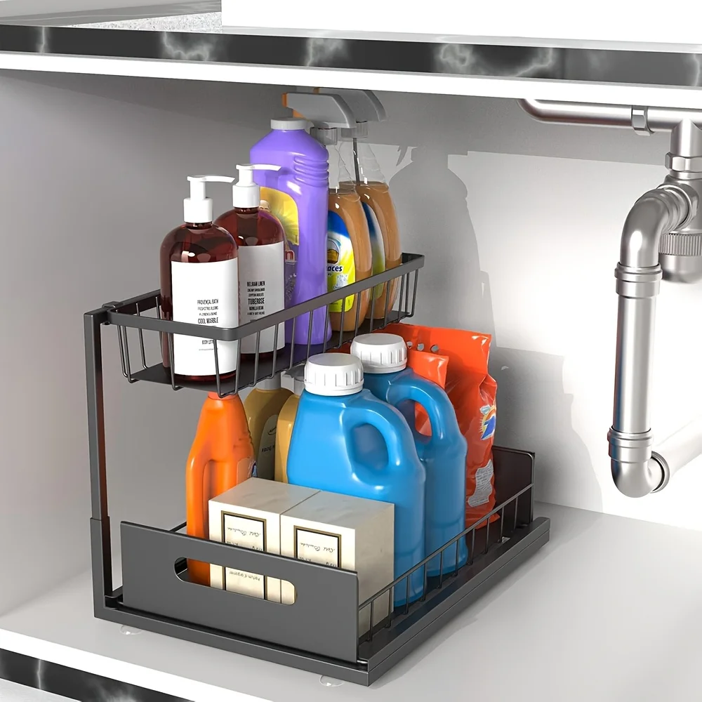 2-Tier Sliding Under Sink Organizer - Rustproof Metal Storage for Kitchen & Bathroom Cabinets,Ideal for Cleaning Supplies