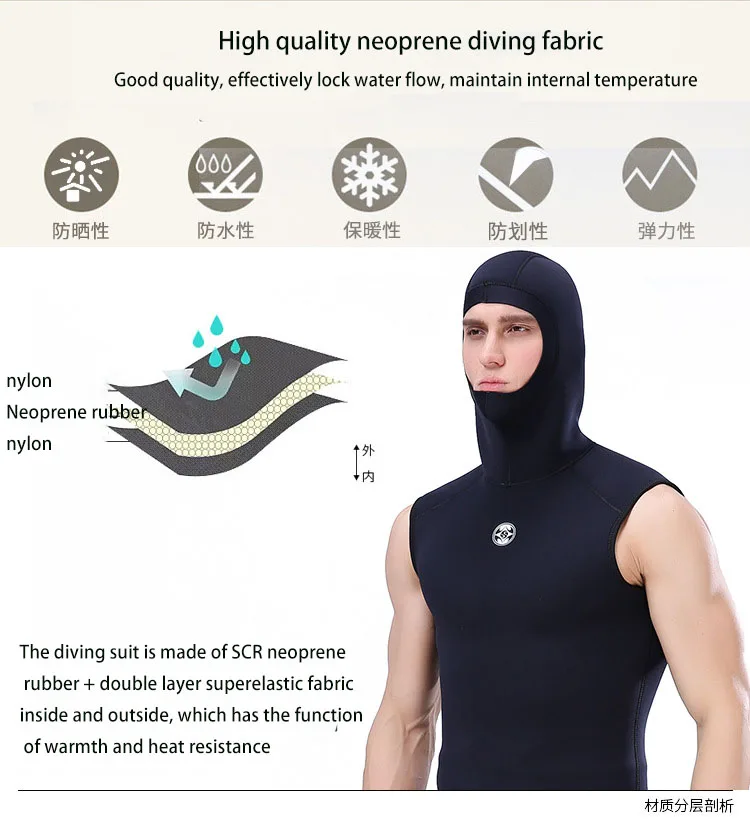 Description Picture 4 of itemNew Men's Diving Vest with Hood Sleeveless Neoprene Waterproof Surfing Diving Snorkeling Suit Spearfishing Vest 3mm