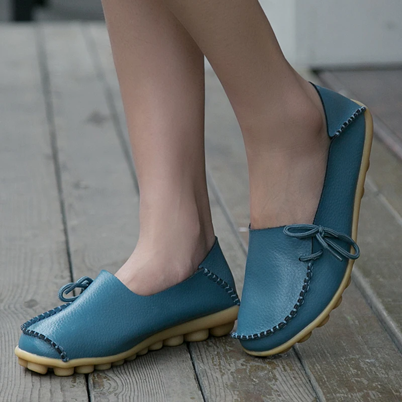 Women Flats Genuine Leather Oxford Moccasins Slip On Bowtie Plus Size women shoes,women flats