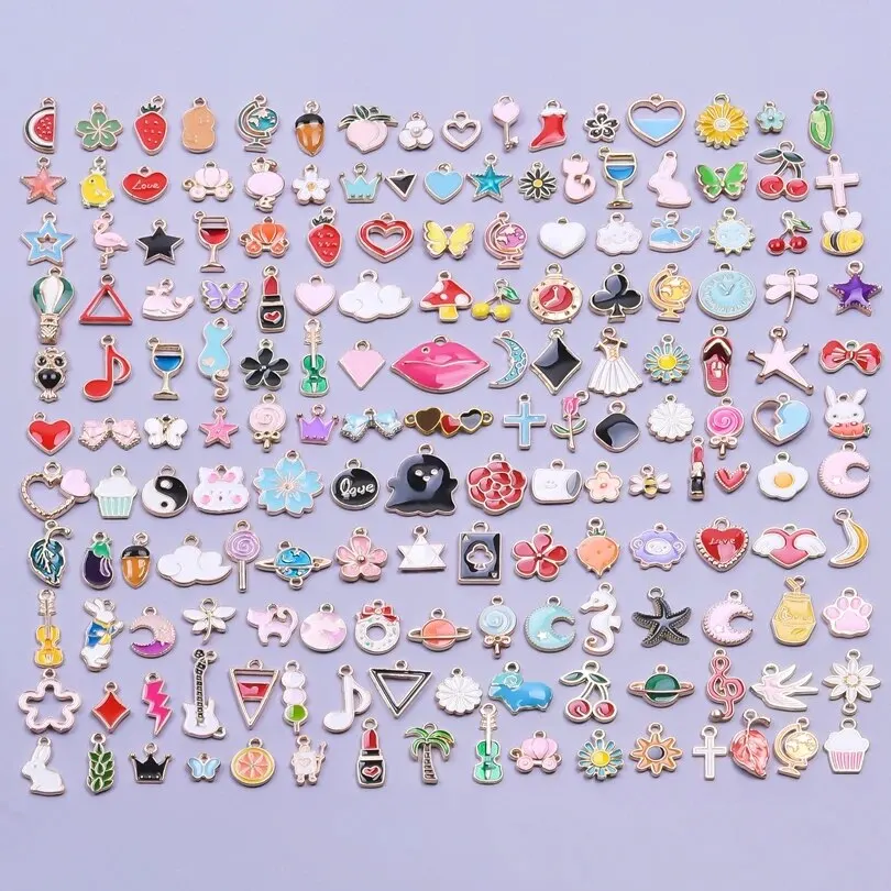 50Pcs/Lot Random Mix Styles Animal Flower Heart Charms Assorted Enamel Fruit Pendant Handmade DIY Jewelry Making Wholesale Bulk