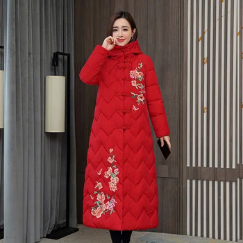 Winter Down Cotton Padded Women Chinese National Style Embroidered Long Outwear Thickened Warm Hooded Parka Coat Female - Image 3