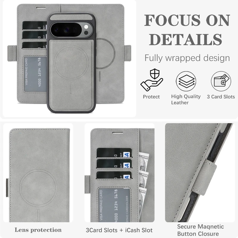 Leather Wallet Phone Case with Wireless Charging and Magnetic Closure