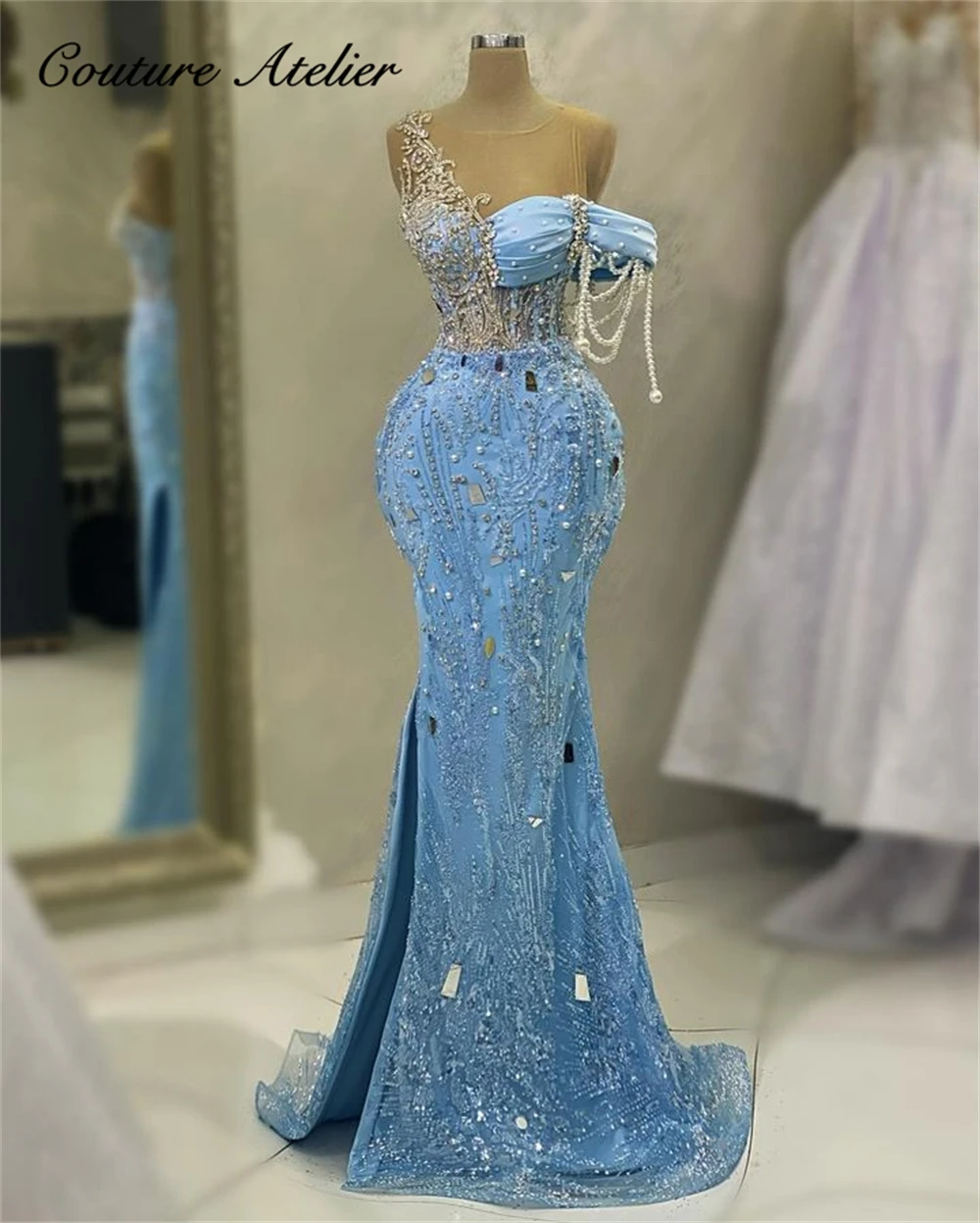 

Sky Blue Mermaid Evening Dress 2024 Arabic Pearls Tassel Off The Shoulder Crystals Sequins Dubai Slit Wedding Party GownsSky