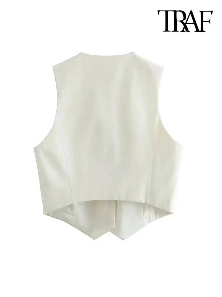 TRAF Women Fashion Front Button Asymmetric Waistcoat Vintage V Neck Sleeveless Female Outerwear Chic Vest Tops 6