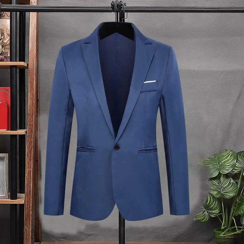 Men Suit Jacket Solid Color Lapel Long Sleeve One Button Pockets Men Casual Suit Slim Fit Blazer Business Suit Coat Workwear