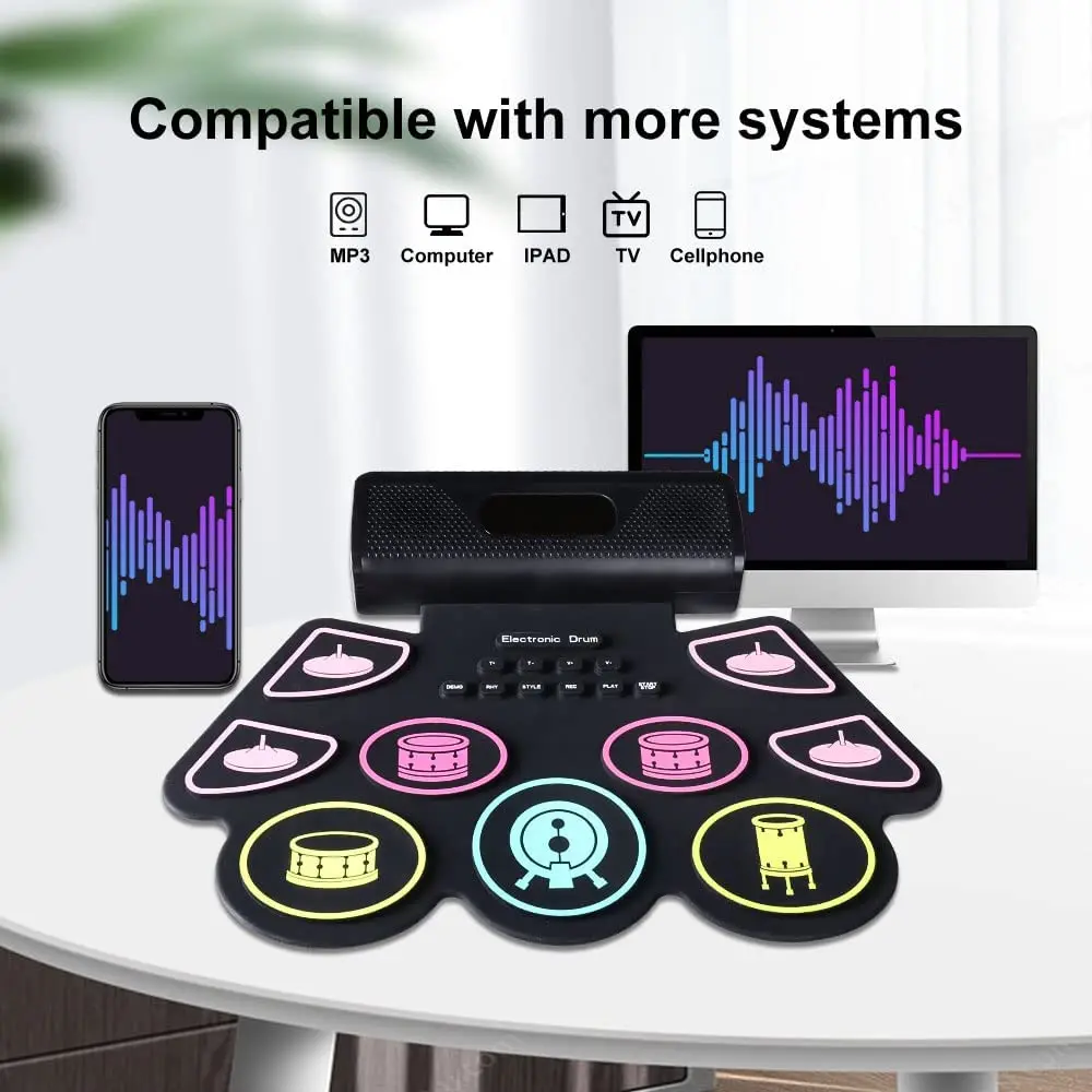 Clordeal Batterie électronique, 9 Pads, Avec Haut-parleur/prise Casque, Batterie électronique Portable Pour Enfants, Avec Bluetooth MIDI Pour Débutants, 10 Heures D'autonomie