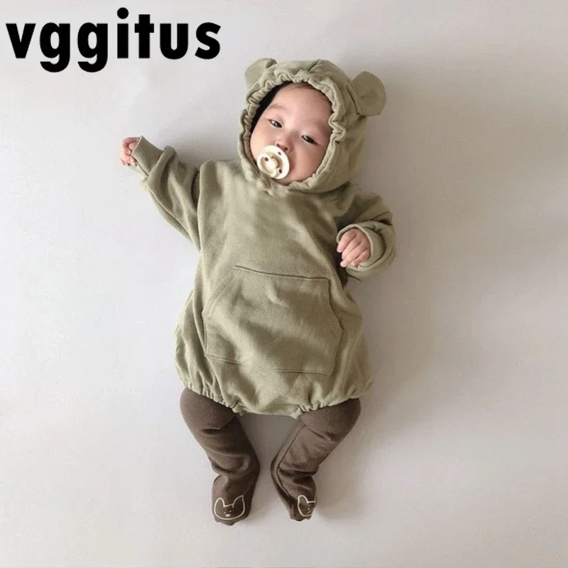 

New Spring Autumn Baby Boys and Girls Cute Little Bear Long Sleeved Hooded Bodysuit Elastic Waist Solid Color Leggings E15000