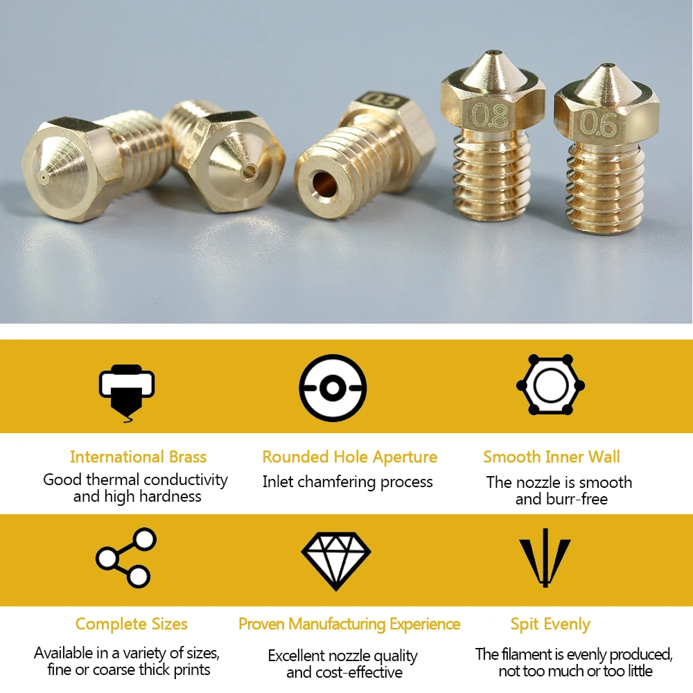 5/10pcs M6 Threaded Nozzle Full Metal 0.2/0.3/0.4/0.5/0.6mm