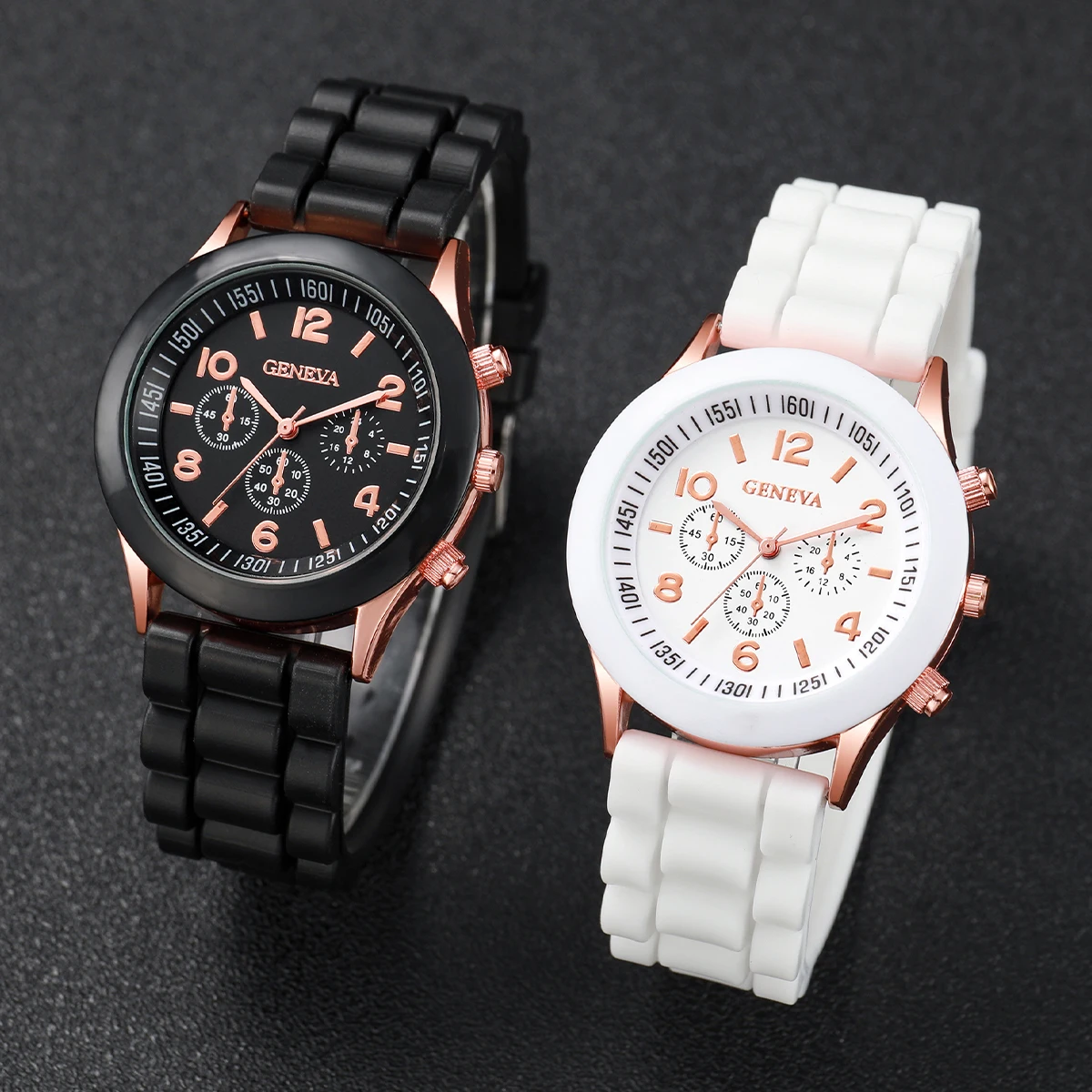 4PCS/Set Fashion Women's Watch Couple Simple Silicone Strap Quartz Watch with Black and White Bead Set