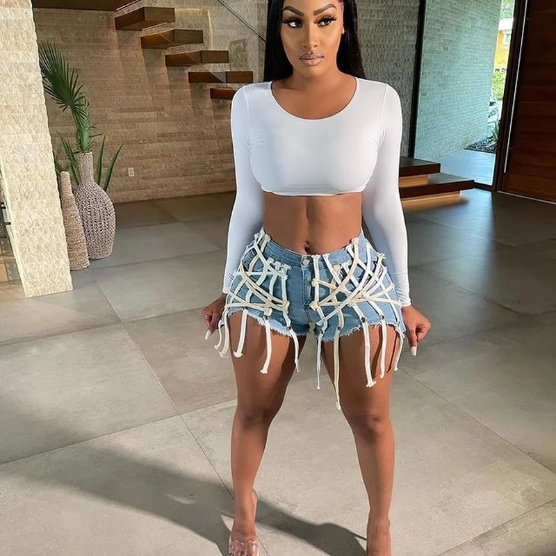 Women's Eyelet Bandage Denim Shorts, Casual Streetwear, Sexy Hole Buttons, Tight Jeans, Plus Size, Y2k, Female Fashion, Summer