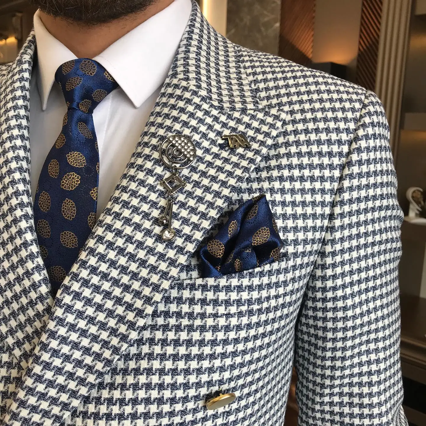 Houndstooth Men Suits Double Breasted Jacket Slim Fit Wedding Groom Wear Business Blazer Formal Tuxedos Only Coat Customize