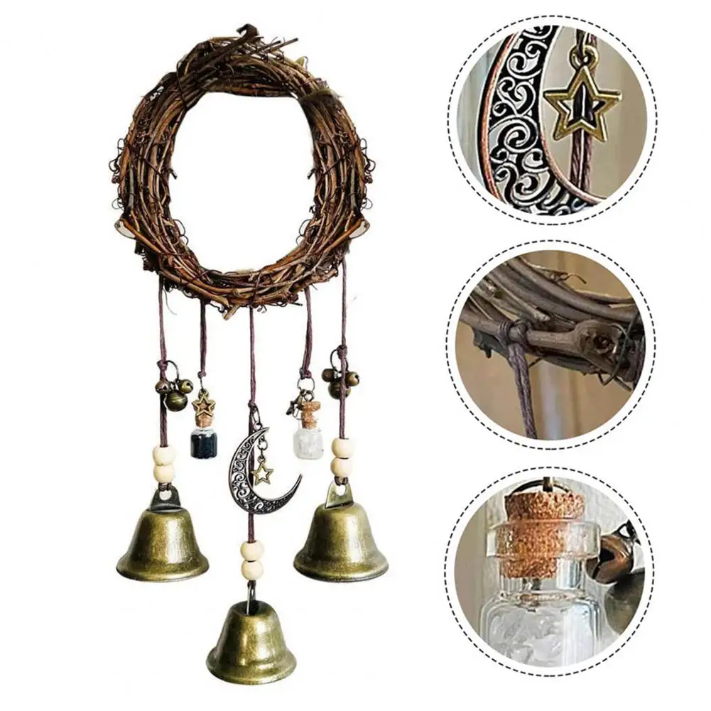 Witch Wind Chime Wiccan Wind Chime Handmade Brass Bell Witchcraft Door Hanger with Wishing Bottle Rattan Wreath Home for Wicca 4