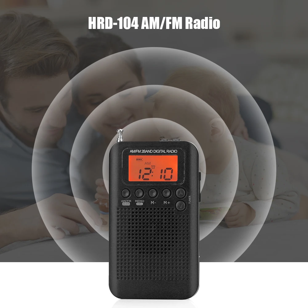 HRD-104 포켓 AM FM 라디오 1.3인치 LCD 디지털 디스플레이 40mm 드라이버 스피커 음악 감상용 악기 용품