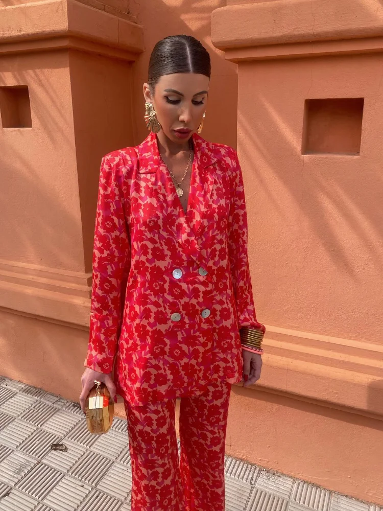 Elegant Printed Two Piece Set Women Fashion Loose V Neck Long Sleeve Lapel Shirt Suit 2024 Chic Ladies Holiday Casual Outfit