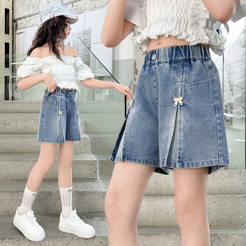새로운 패션 여름 소녀 반바지 청바지 활 장식 데님 바지 4-14 세 십대 어린이 어린이 야외 짧은 바지