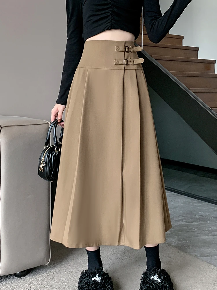 Vintage High Waist A-line Skirt Female Korean Fashion S-XL Black Skirt Temperament Slim Pleated Skirt Side Zipper Office Ladies summer square collar elegant fashion sweet floral printed beach dress ladies temperament casual robe women bodycon slit vestidos