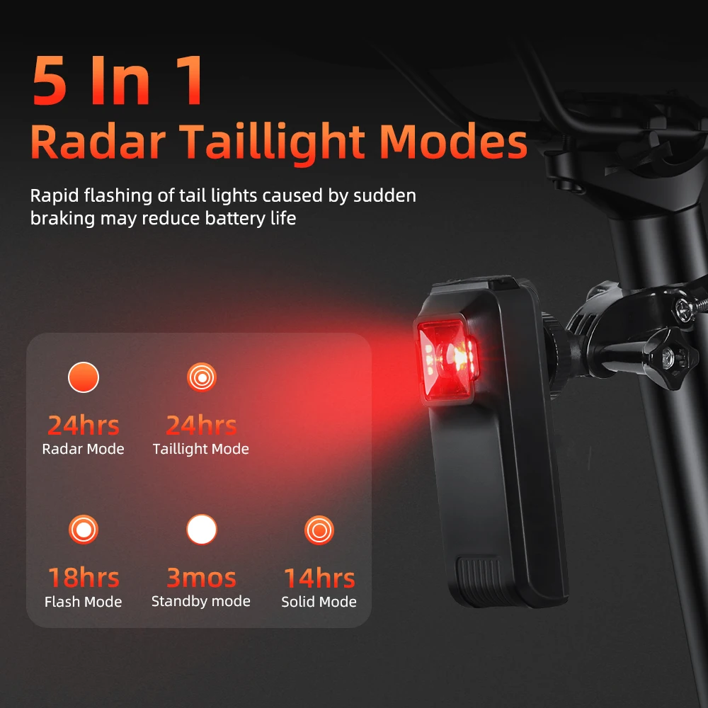 Bicycle Taillight Camaroca W100 Bicycle Rearview Radar Cycling Radar Tail Light Brake Sensing Lamp Saddle Seatpost Ebike Waterproof