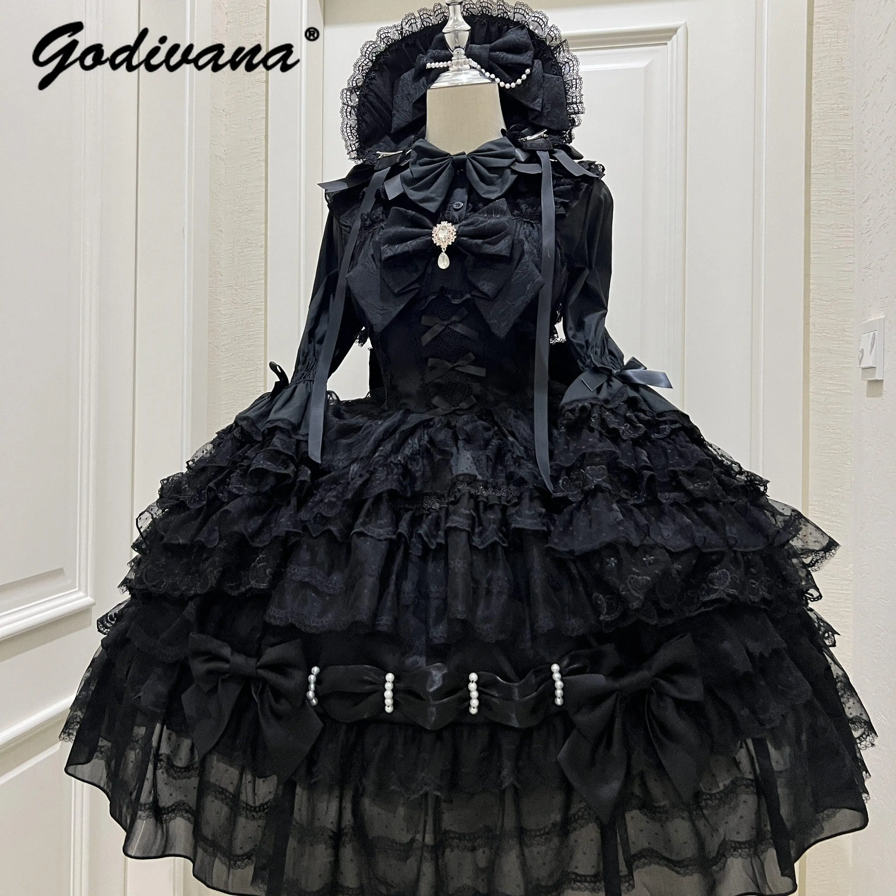 Original Design Lolita Sweet Dress Set Girl Women's Cute Lace Flare Sleeve Inner Shirt Fairy Lace Bow Jsk Suspender Cake Dress 4