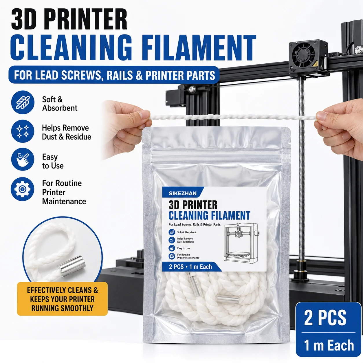 3D Printer Cleaning Filament Rope, Braided Cleaner Cord for Lead Screws Linear Rails Nozzle Maintenance, 2Pcs 1m Each