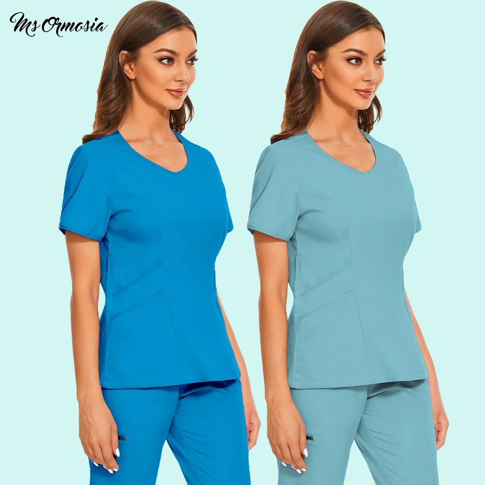 Scrubs Blouse Medical Clothes Pocket Uniforms Women Short Sleeve Care