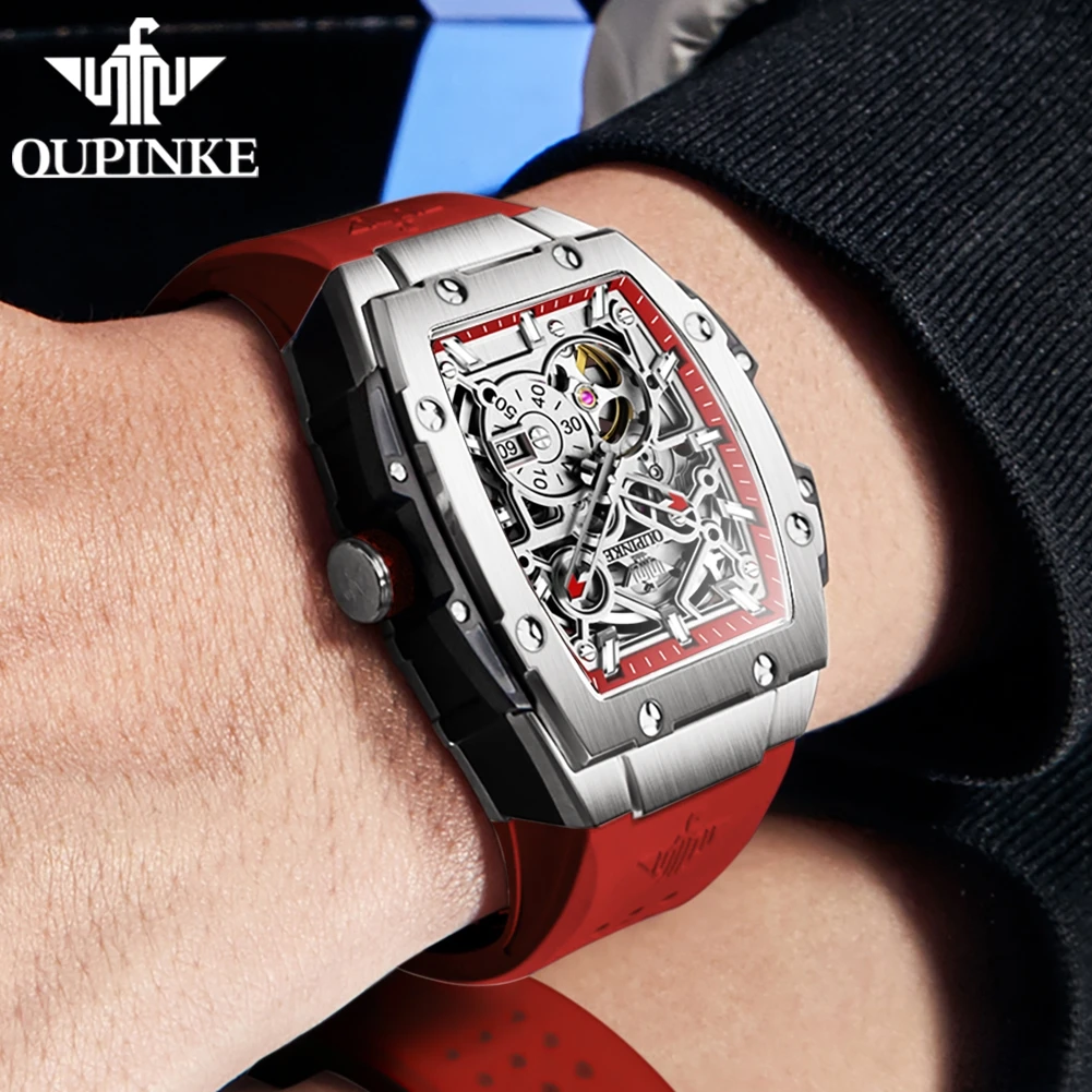Original OUPINKE 3213 Men's Watches Tonneau Full Hollow out Automatic Men's Wristwatches Silicon Tape Man Watch TOP Brand Watch