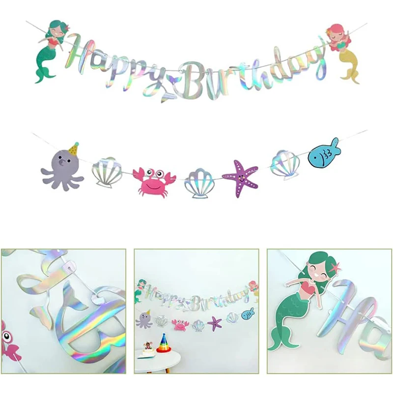 Sirena Happy Birthday Banner Seashell Starfish Meduse Paper Garland Streamer Per Little Mermaid Rainbow Theme Birthday Decor