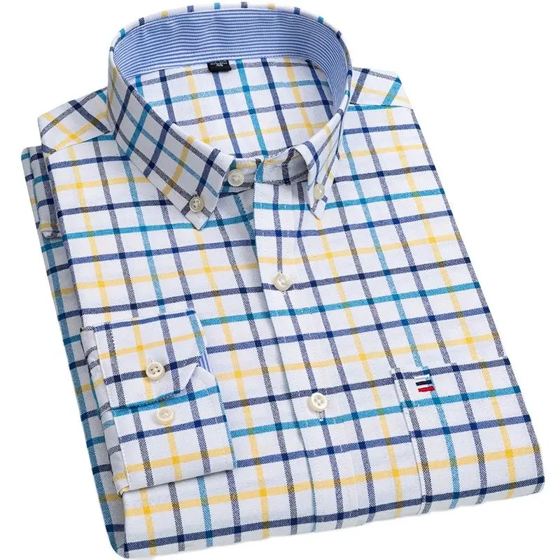 Cotton Shirt Long Sleeve Shirt Men Casual Shirt Men's 100% Cotton Regular-Fit Long-Sleeve Pocket Oxford Shirt Button Down Casual Dress Shirt