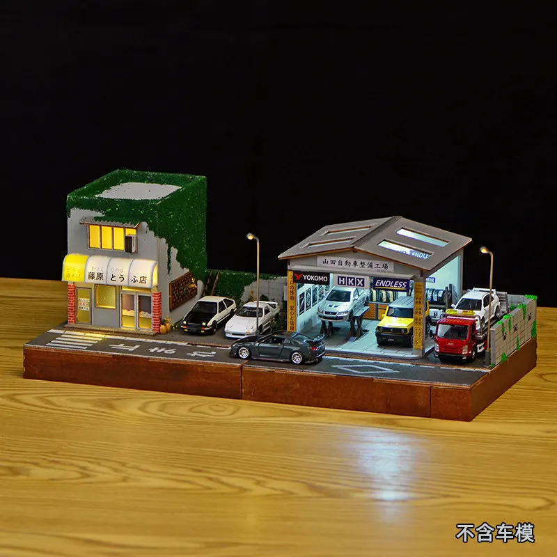 1:64 스케일 차량 수리소 디오라마, LED 조명 포함, 모형 자동차 전시용, 자..