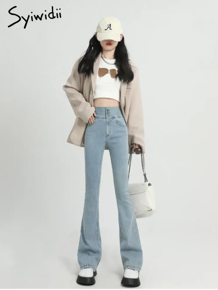 Syiwidii 플레어 와이드 레그 슬림 청바지, 전체 길이, 하이 웨이스트, 빈티지 캐주얼 스트리트웨어, 한국 패션, 가을 2022, 신상