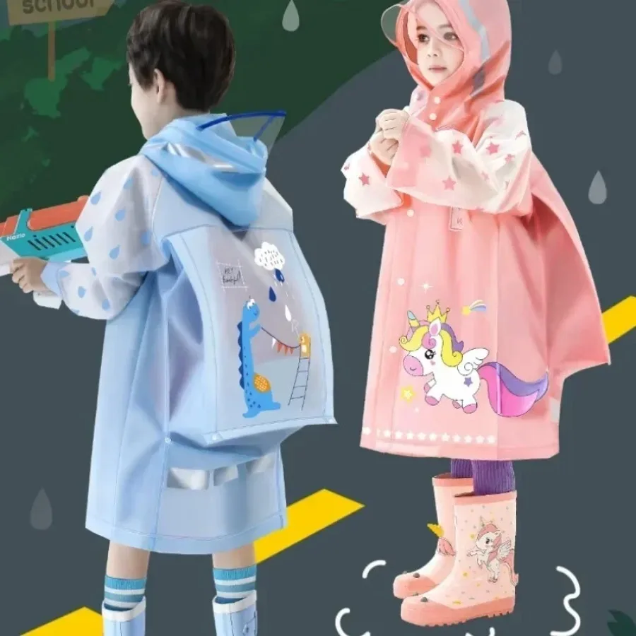 A boy girl casual cute unicorn print waterproof hooded raincoat, long sleeve zipper hooded poncho, children's raincoat outdoor