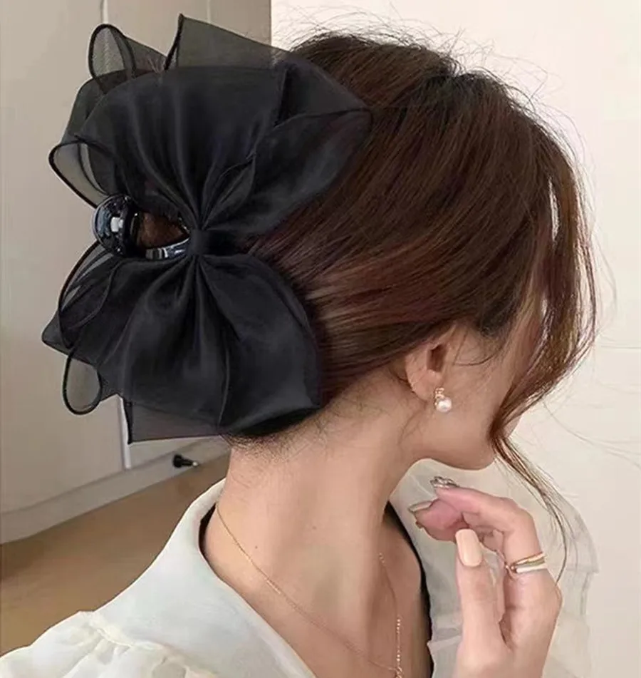 New Korea fashion Tulle Big Bow Hair Claw Clips for Women pink Black Bowknot Hair Clamp Hairpin Headdress Accessories wholesale