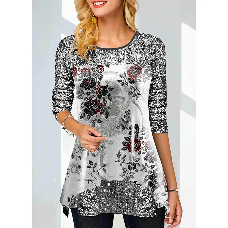 

Spring Elegant Womens Floral Print Long Sleeve Tees T Shirts Ladies Casual Streetwear O-Neck Fashion T-shirts Clothing 2022