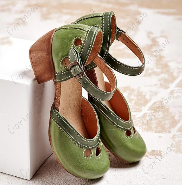 Women Summer Mid Heel Hollow Out Casual Sandals Elegant Retro Ladies Pumps Ankle Color Block Buckle Straps for women sandals