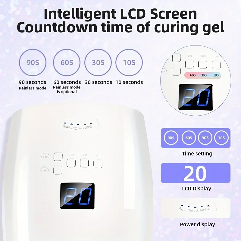 66W LCD 화면 탑재, 4가지 타이머 설정, 네일아트 매니큐어용 충전식 UV LED 네일 램프 도구 (가정용)