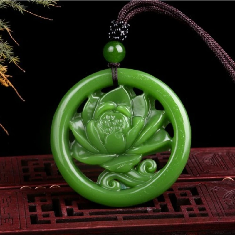 

Spinach Green Jade Hollow Round Lotus Pendant for Men and Women, Blossoming Rich and Noble Popular Pendant