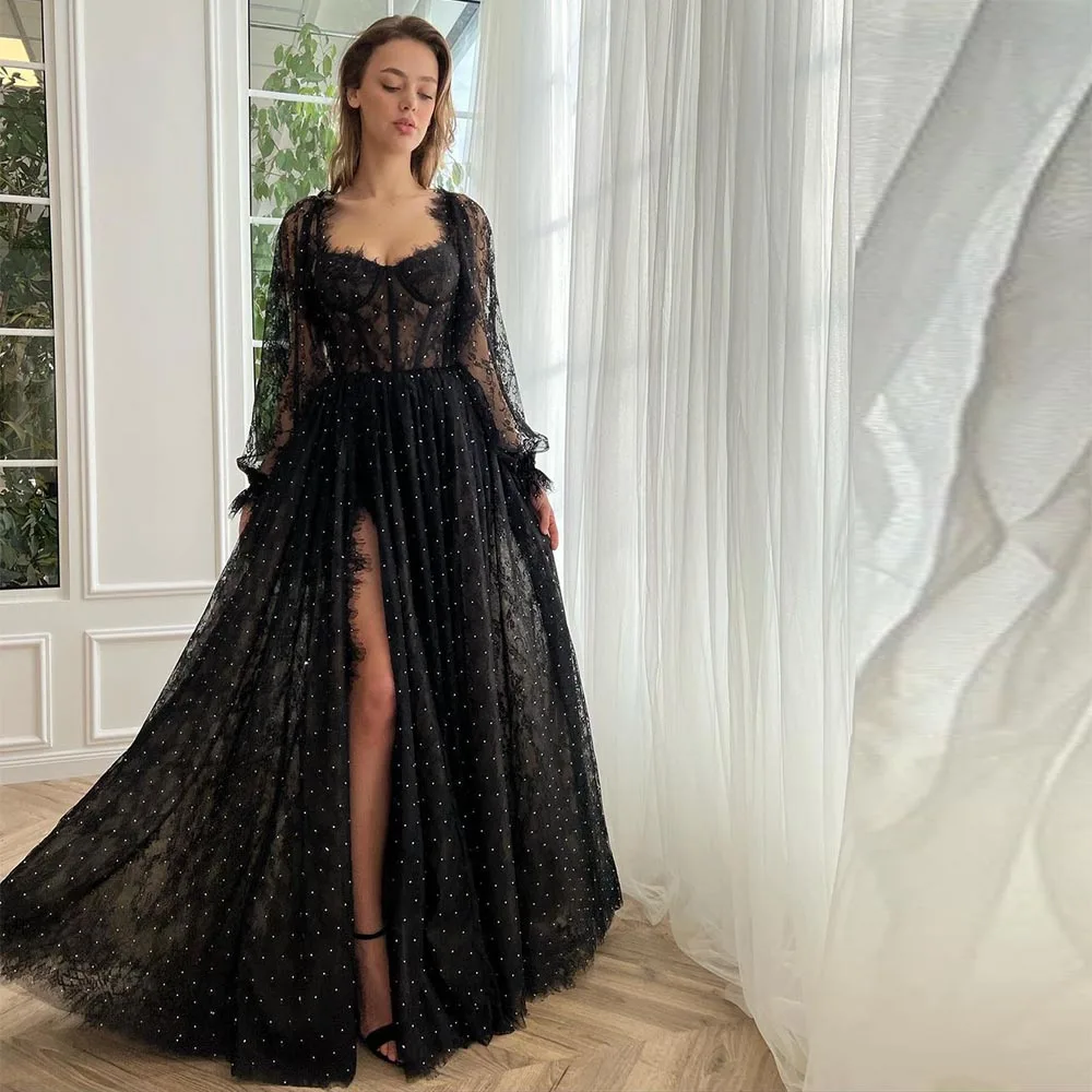 Vestidos largos de encaje con mangas largas y hombros descubiertos Crepúsculo