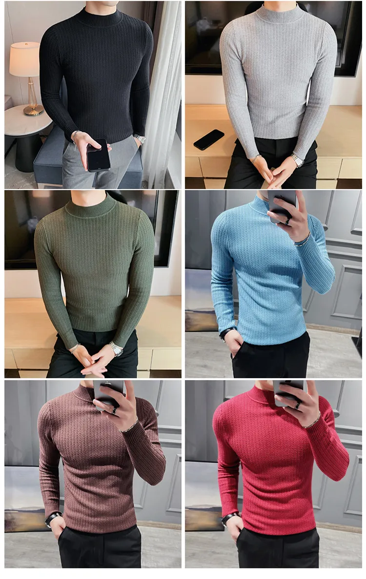 Description Picture 3 of itemWinter half turtleneck sweater Men's knit pullover sweater slim solid color knitted sweater black