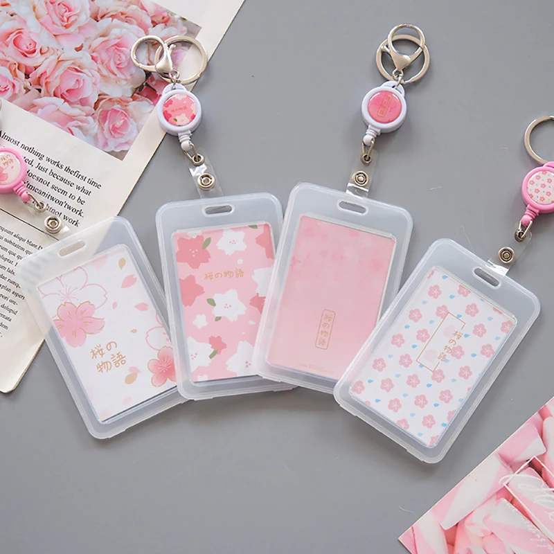 Simple, Fresh And Cute Cherry, Cherry Blossom Transparent Badge With Retractable Keychain Plastic Card Box Girl Gift Keychain