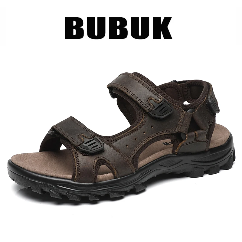 Bubuk Men's Outdoor Casual Sandals Made of Top Layer Cowhide, Fashionable and Versatile Open-Toe Design, Adjustable for All Seasons, Comfortable Flat Beach Shoes, Men's Water Shoes