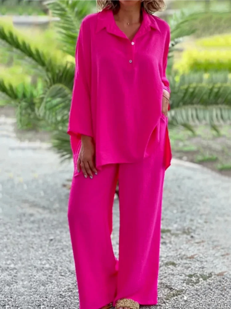 thumbnail image 1 of Conjunto de dos piezas con solapa para primavera y verano, camisa de manga larga con botones, blusa, pantalones rectos holgados informales para mujer, 1 of 4