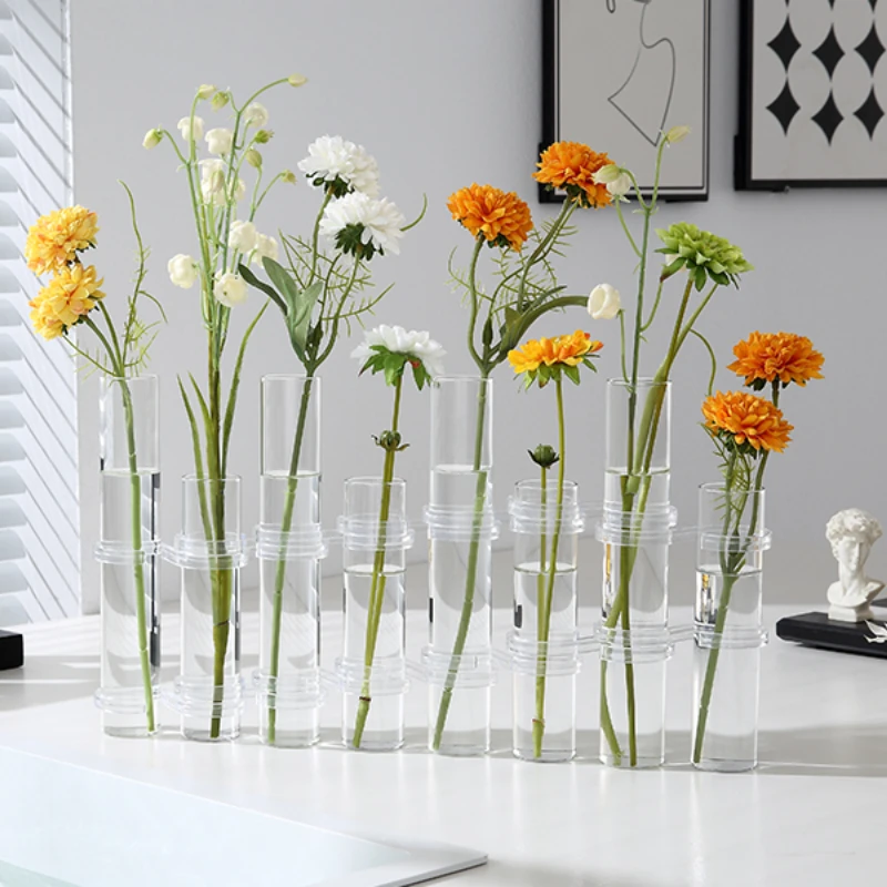 Test Tube Vase Transparent Glass Hinged Vase Hydroponics Combination Flower Appliance Living Room Office Home Decoration