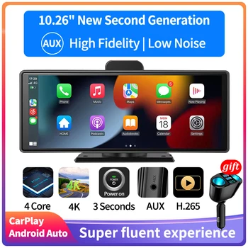 자동차 대시 캠 DVR 와이파이 무선 카플레이, 안드로이드, 자동 AUX, GPS, FM, 후방 카메라, 비디오 레코더, 대시 보드, 24 시간 주차, 10.26 인치, 4K, 신제품
