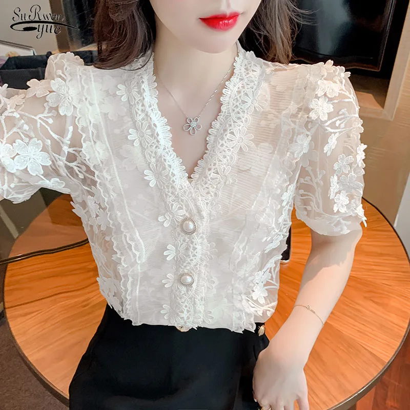 

2022 V-neck Ladies Flower Shirts Sweet Short Sleeve Puff Sleeve Summer Lace Jacquard Blouse Women Ruffle Mesh Tops Blusas 20048