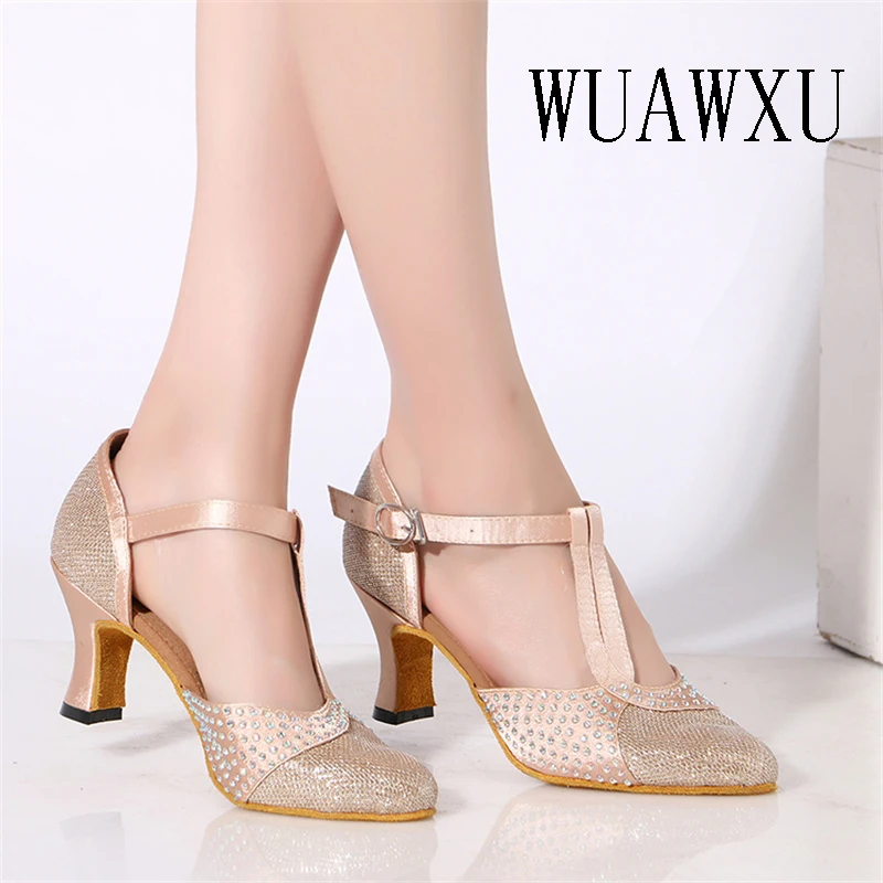 NATASHA2023 Pointed Dance Shoes for Women Adult Soft Sole with Diamond Satin and Silver Black Shine Modern Double Dance Social D