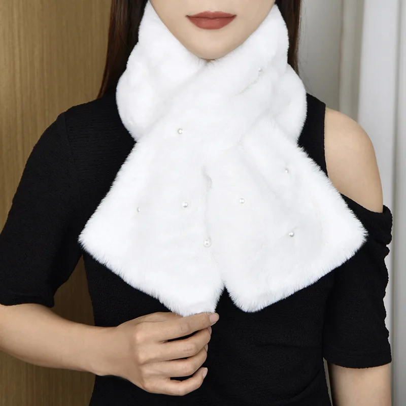 Korean Solid Double Sided Faux Rabbit Fur Thick Plush Shawl Female Winter Oudoor Windproof Pearl Cross Neck Guard Warm Scarf T41